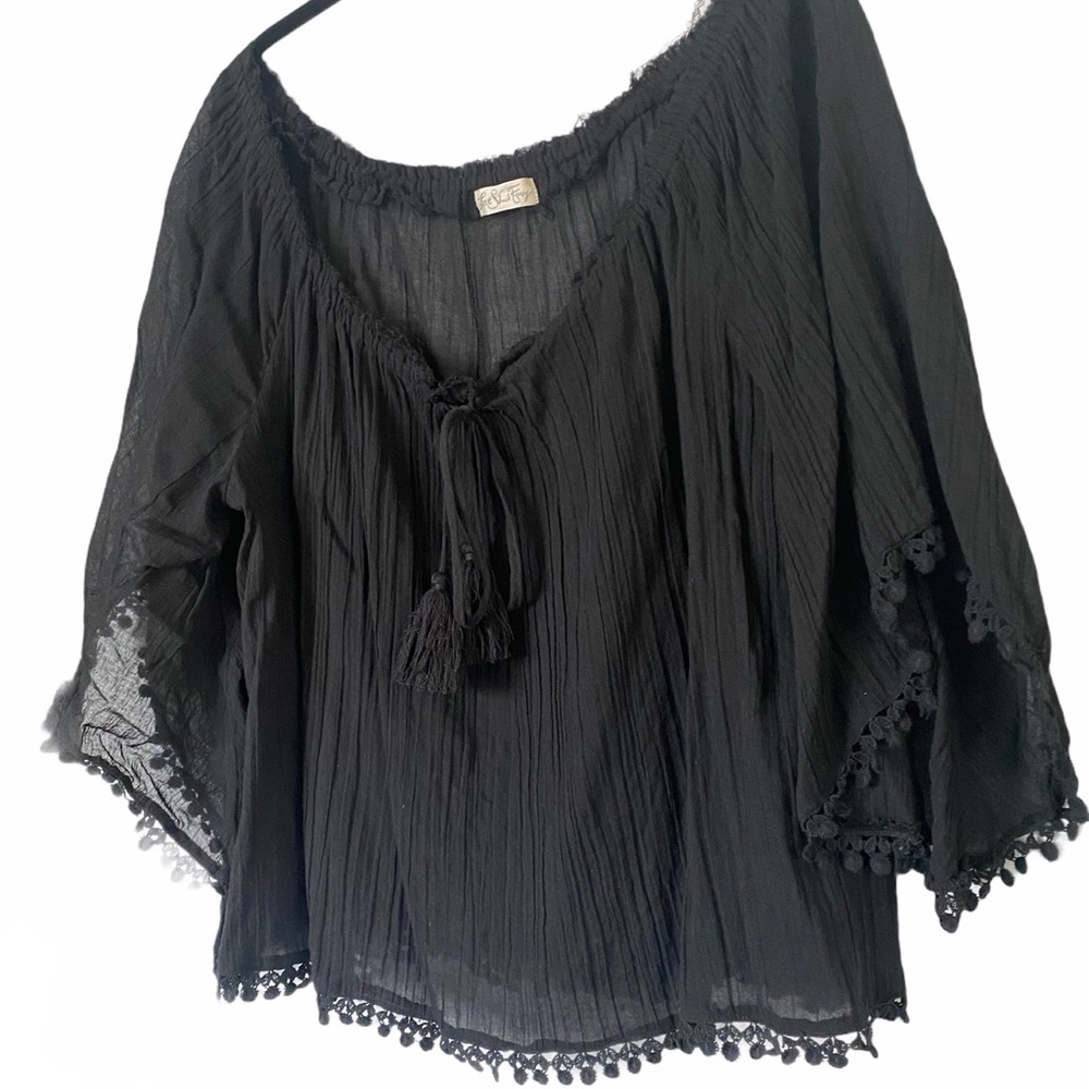 LoveShackFancy Black Cotton Gauze Off the Shoulder Top - Picture 3 of 11